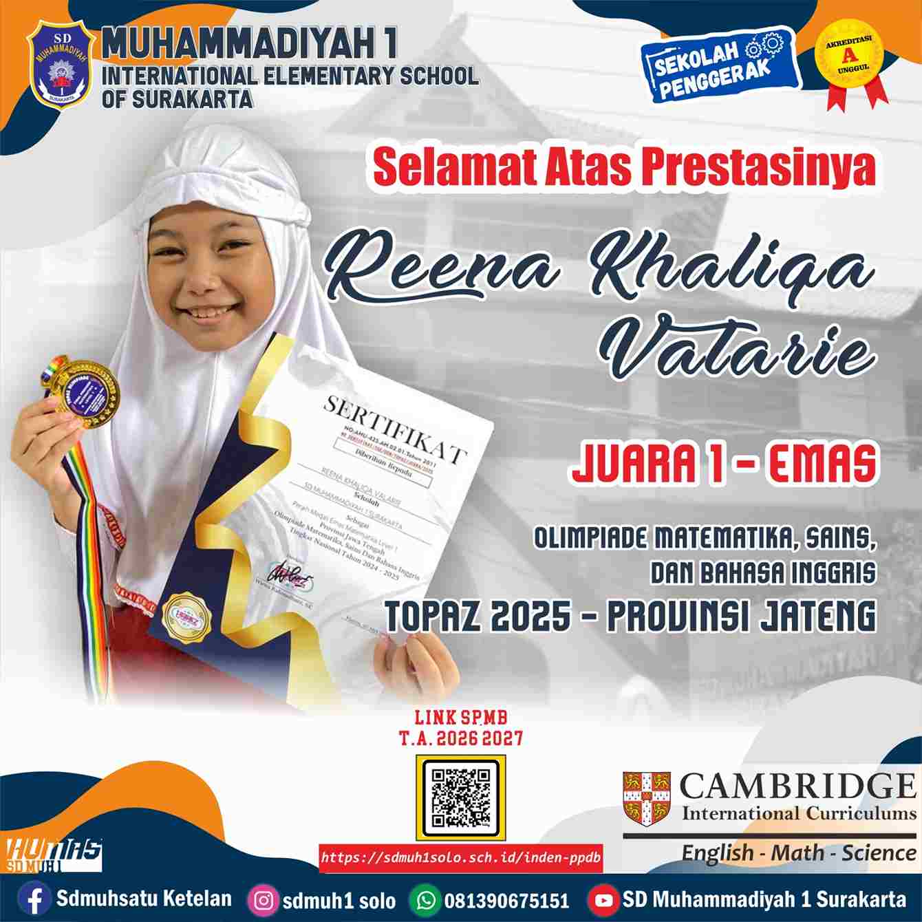 Siswi SD Muhammadiyah 1 Ketelan Raih Emas Olimpiade TOPAZ 2025 Tingkat Provinsi