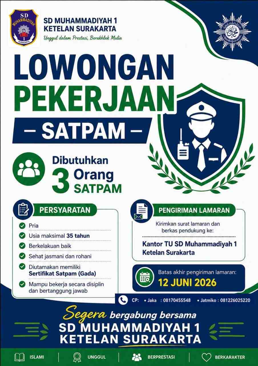 SD Muhammadiyah 1 Ketelan Surakarta sedang mencari personil keamanan yang tangguh dan berintegritas untuk bergabung bersama keluarga besar kami!